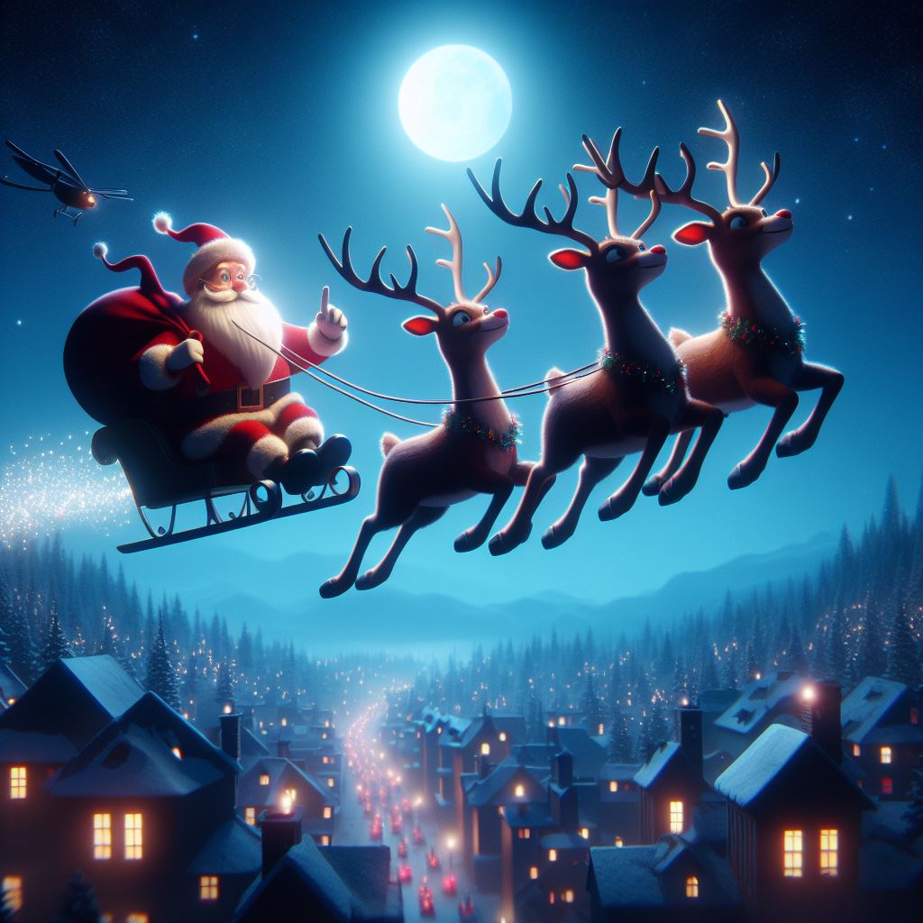 Santa flying through the night sky with his reindeer