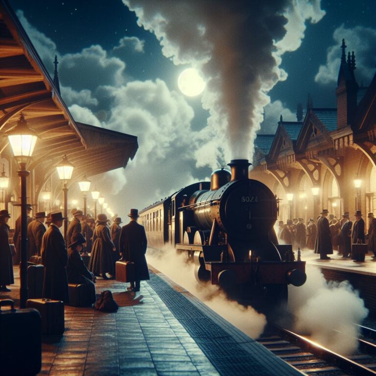 A vintage train station platform at night, steam billowing from an antique locomotive, passengers in period clothing boarding the train