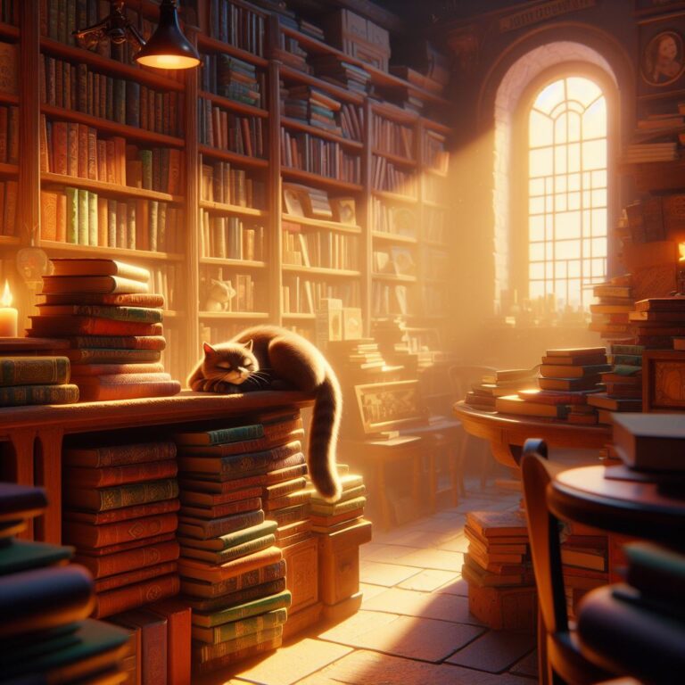 A cozy bookstore bathed in warm light, shelves overflowing with intriguing books, a cat curled up on a stack of novels