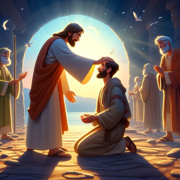 Jesus healing a blind man by his hand, Bible story