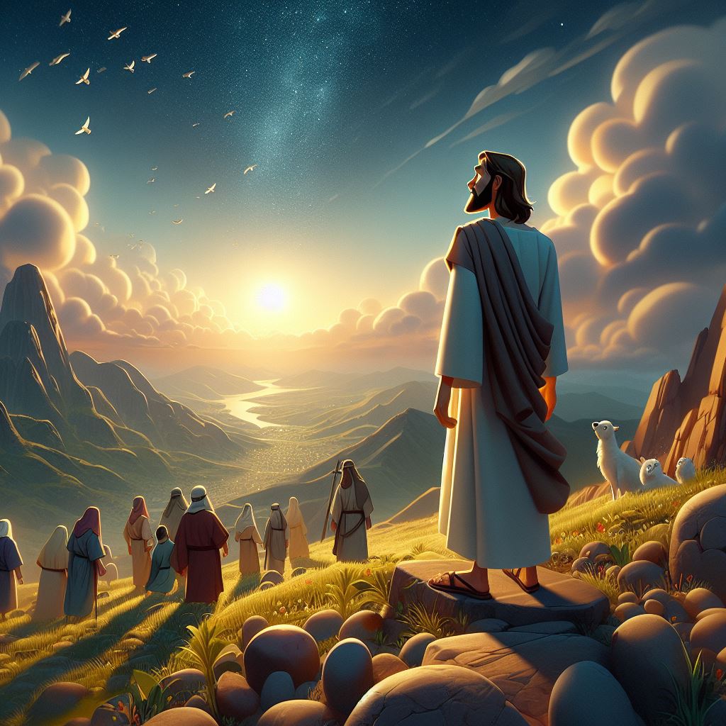 a prophet standing on a rocky surface, Bible story