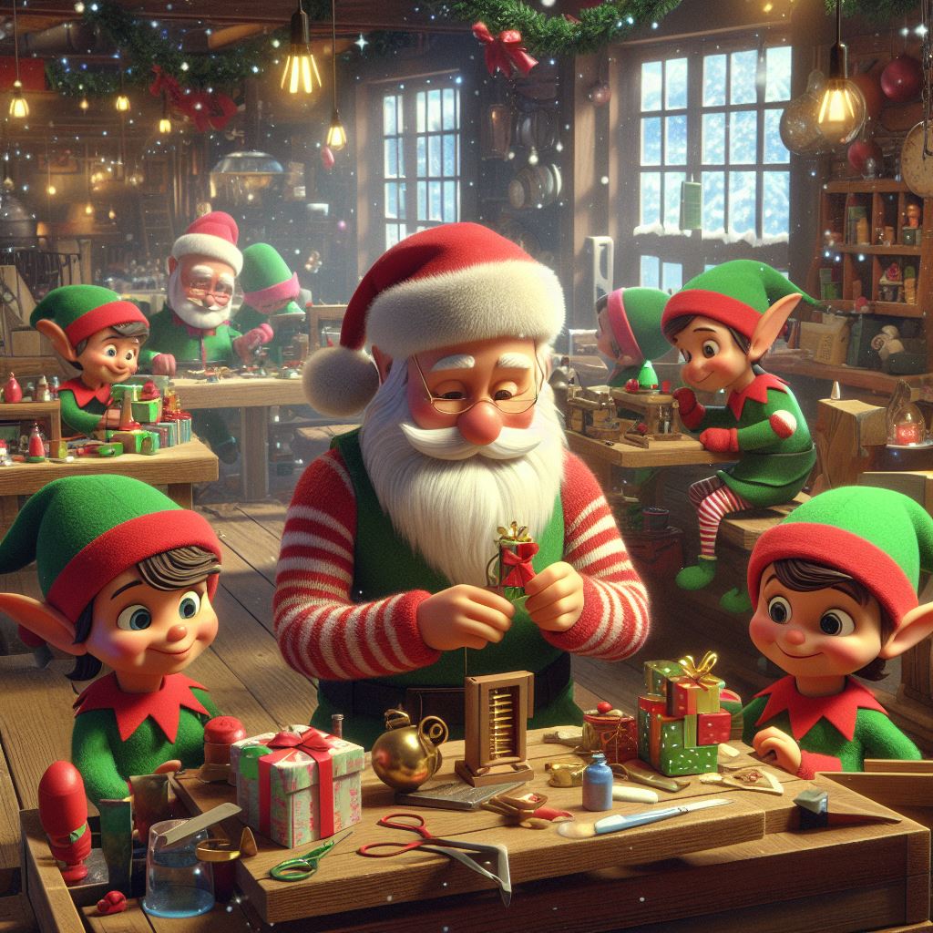 Elves working busily in Santa's workshop, making toys