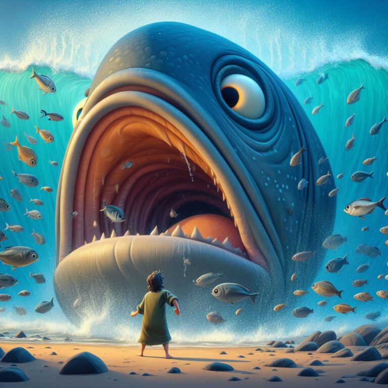 a person standing on the shore and a big fish opening its mouth, Bible Story