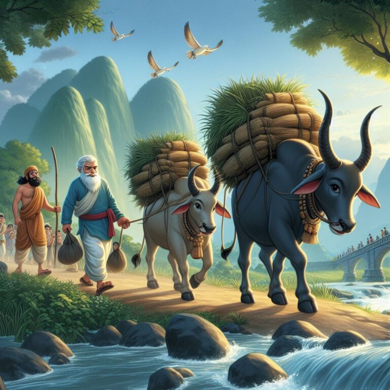 two bullocks carrying heavy loads with few and a rich man going nearby a river, panchatantra story